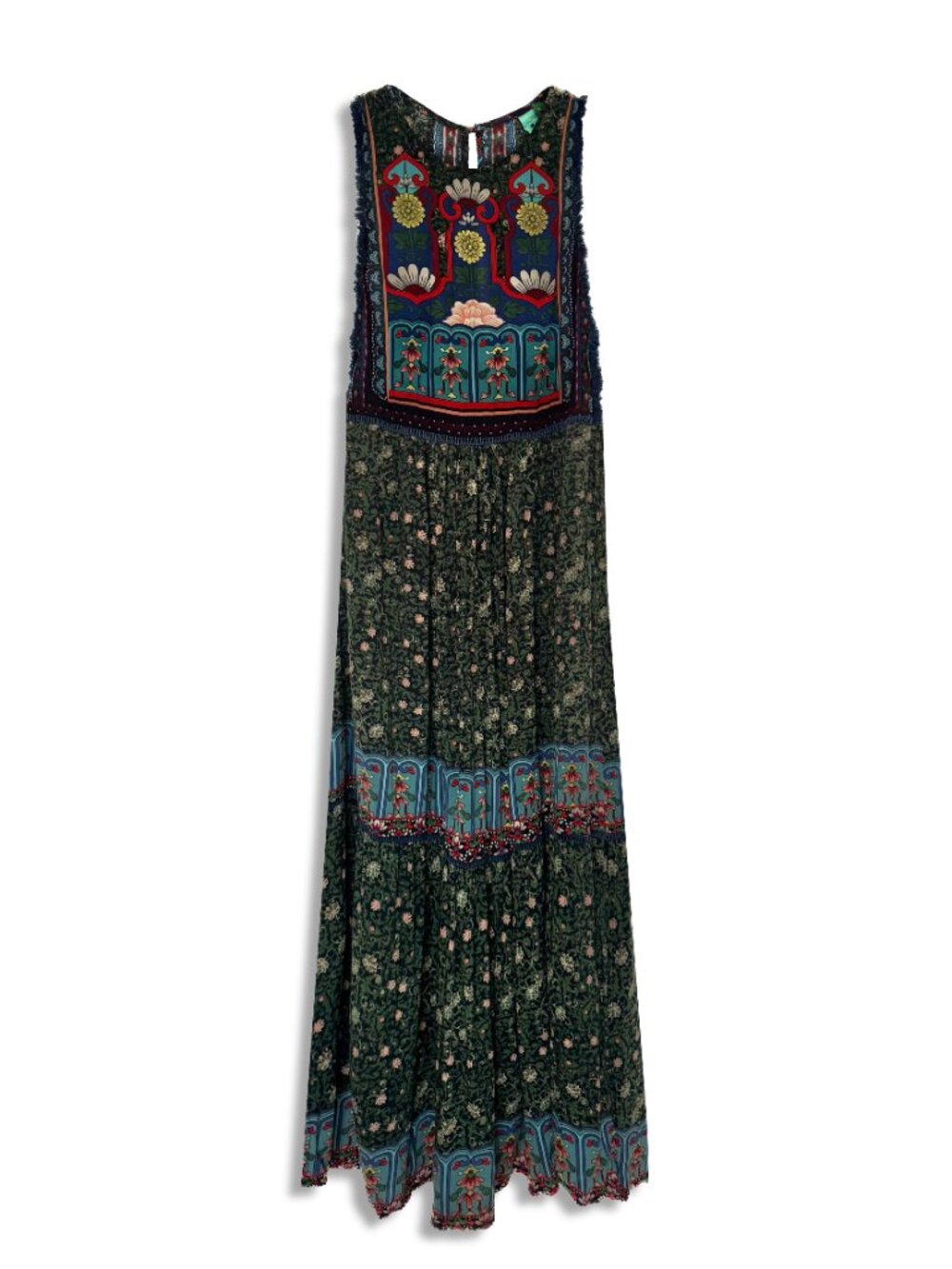 FARM Rio Green Floral Maxi Dress with Blue & Red Accents Long Dress Boho